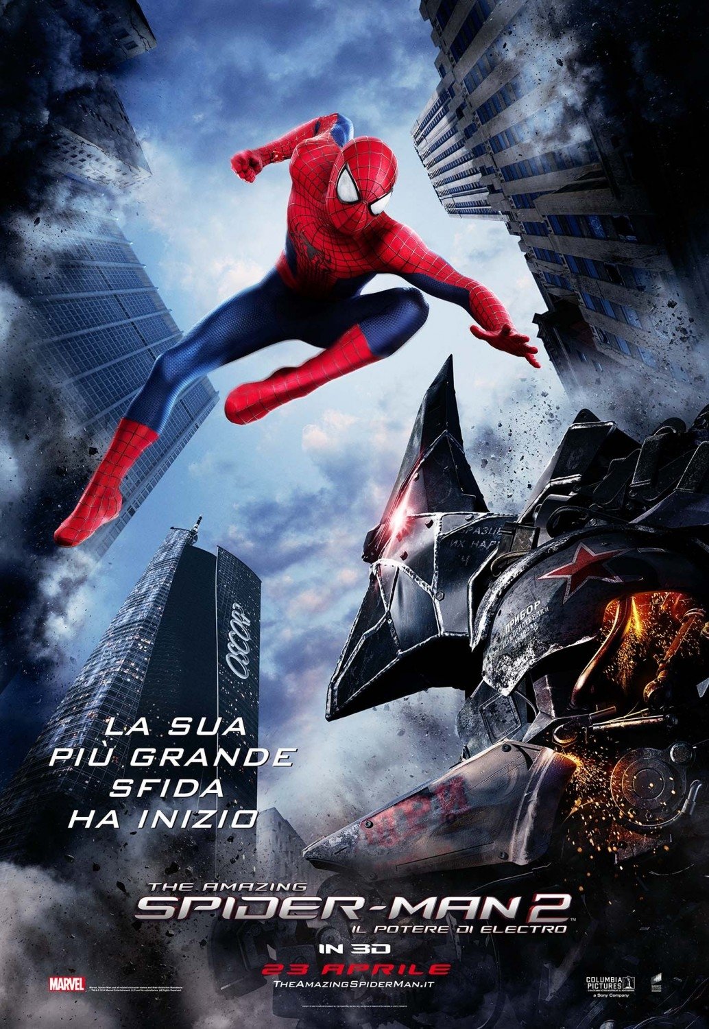 Poster for the movie The Amazing Spider-Man 2: Spider-Man in a red suit lunges through a blue city skyline toward a shattered armored foe amid debris and towering skyscrapers.