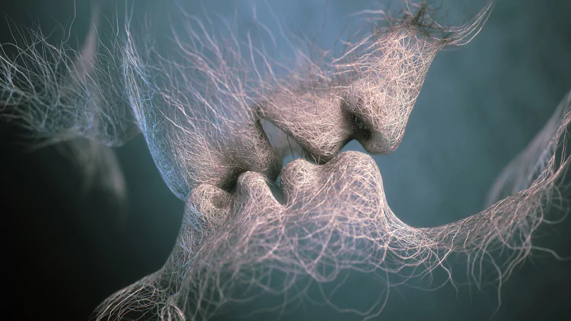 An artistic portrayal of two faces gently touching, surrounded by delicate, swirling lines, symbolizing deep love and emotional connection.