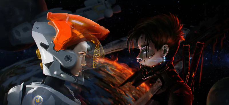 A futuristic sci-fi scene depicts a woman and a robot facing each other in space, their intense connection highlighted by glowing tech and a cosmic backdrop.