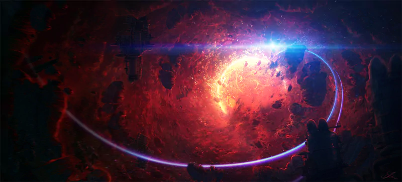 Sci-fi planet: a glowing red world with luminous orbital arcs and a bright horizon flare, viewed from a dark, rocky foreground cave.