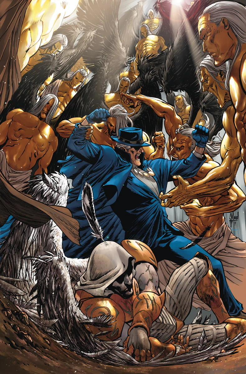 Comic cover: Trinity of Sin: The Phantom Stranger, in a blue suit and hat, fights a swarm of golden winged warriors amid torn feathers and shafts of dramatic light.