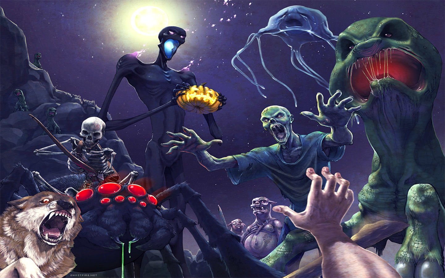 A spooky Minecraft scene features various monsters, including skeletons and aliens, set against a haunting night sky, capturing the eerie spirit of Halloween in video games.