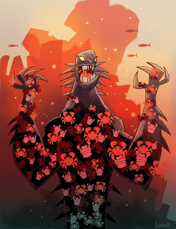 A dark, menacing monster with sharp teeth and a spiked back towers over a chaotic scene filled with crabs, creating an ominous atmosphere amid a vibrant backdrop.