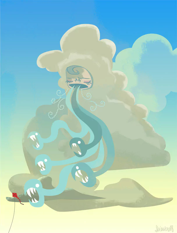 Whimsical cartoon of a dark monster emerging from a large cloud, with long blue tendrils ending in sharp teeth, set against a clear blue sky.