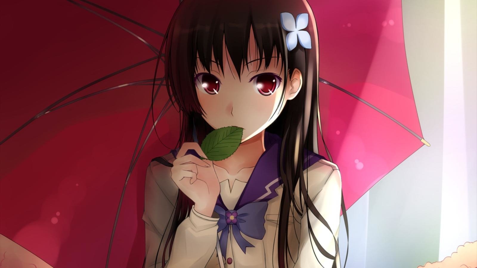 Anime-style illustration of a girl from Sankarea holding a green leaf near her lips, standing under a red umbrella with soft lighting in the background.