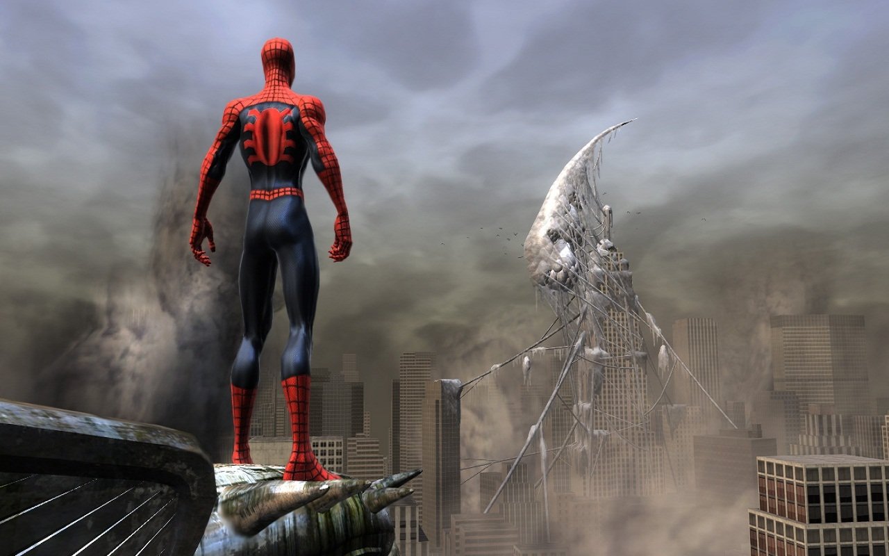 Spider-Man stands on a city rooftop in the video game *Spider-Man: Web of Shadows*, gazing at a towering, menacing structure against a dramatic, cloudy sky.