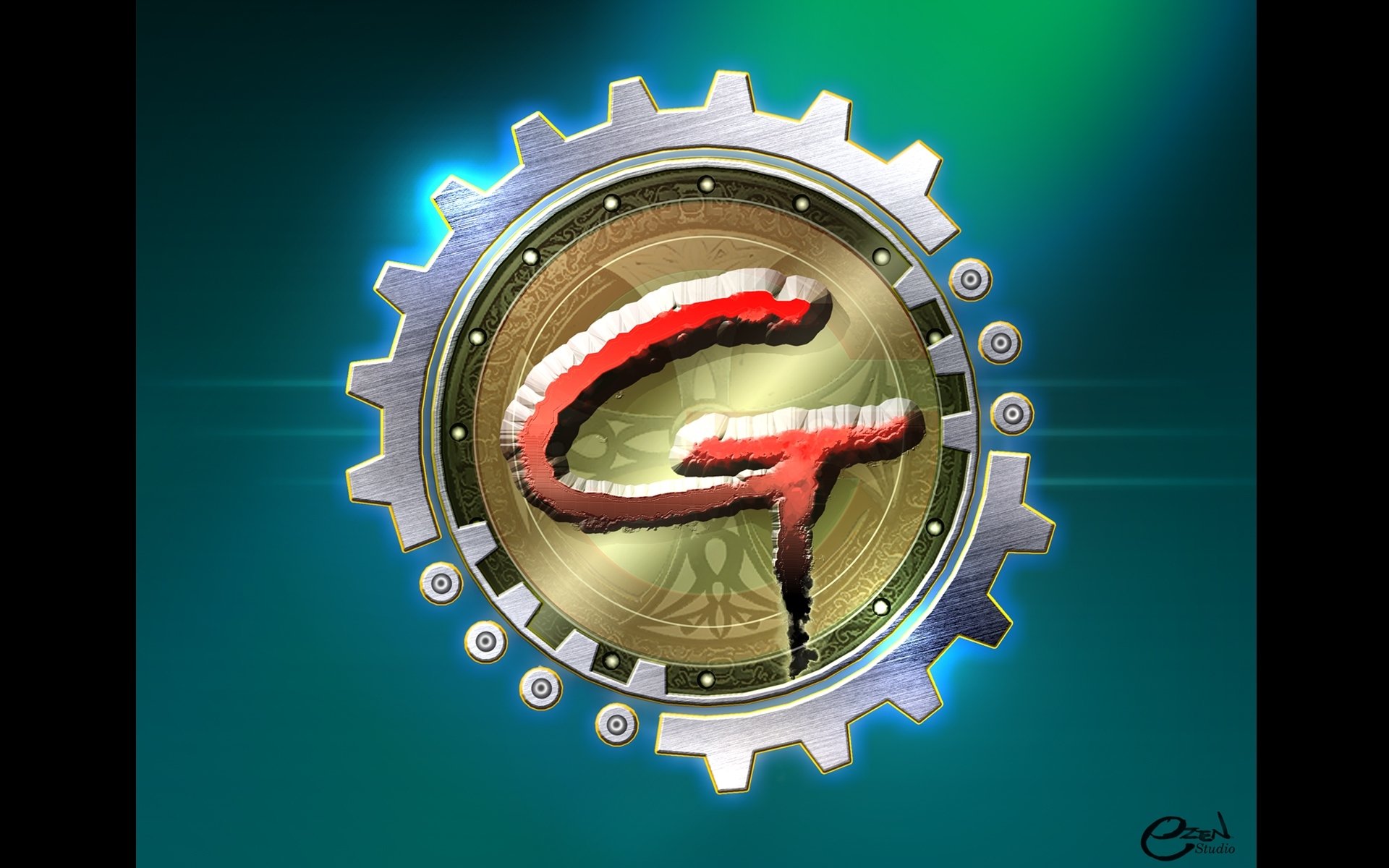 A technology-themed logo for Ezen Studio featuring a metallic gear encircling stylized red and black initials GT on a detailed, circuit-inspired background.