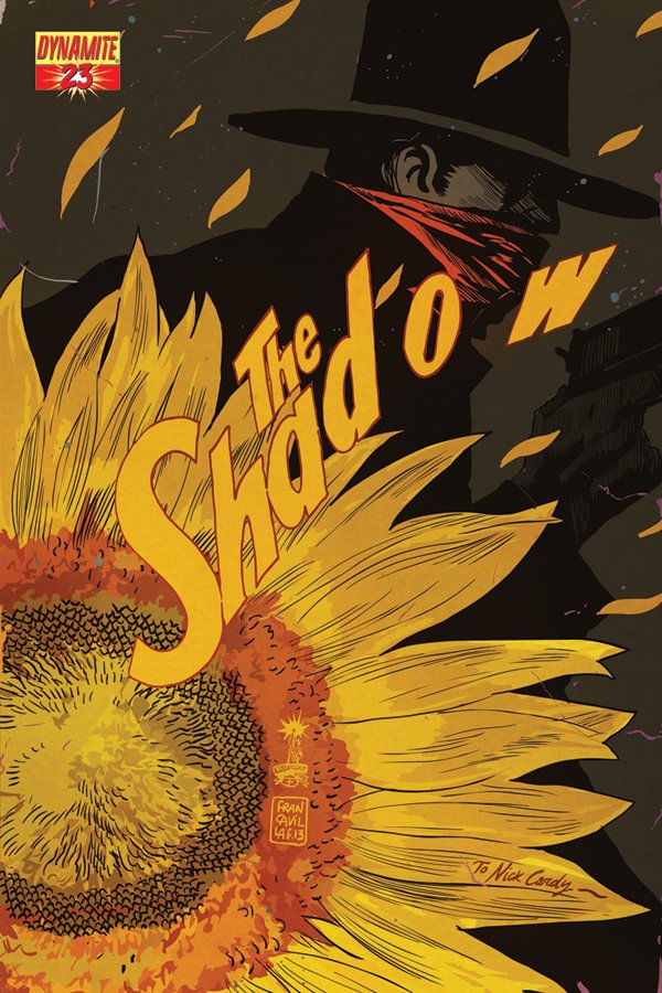 Comic cover of The Shadow: fedora-shadowed figure with red scarf and gun looming behind a giant sunflower as autumn leaves swirl.