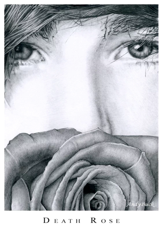 A detailed artistic drawing in grayscale depicts a close-up of a person's eyes above a rose, evoking deep emotion in this expressive painting titled Death Rose.