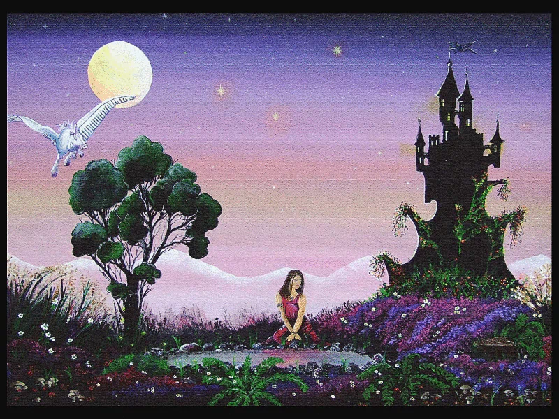 A melancholic artistic painting featuring a young girl sitting in a vibrant landscape, with a distant castle and a white owl flying under a glowing moon.