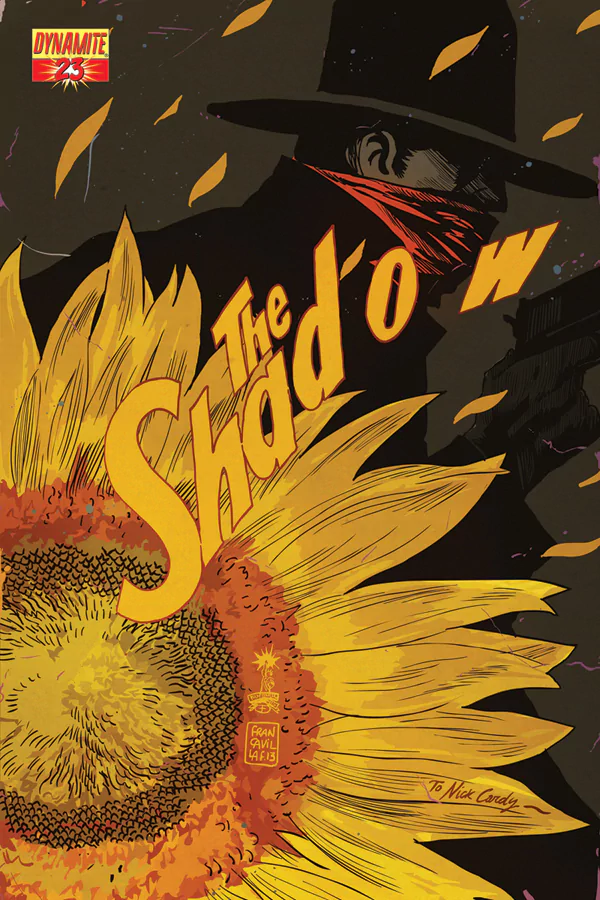 Comic cover of The Shadow: fedora-shadowed figure with red scarf and gun looming behind a giant sunflower as autumn leaves swirl.