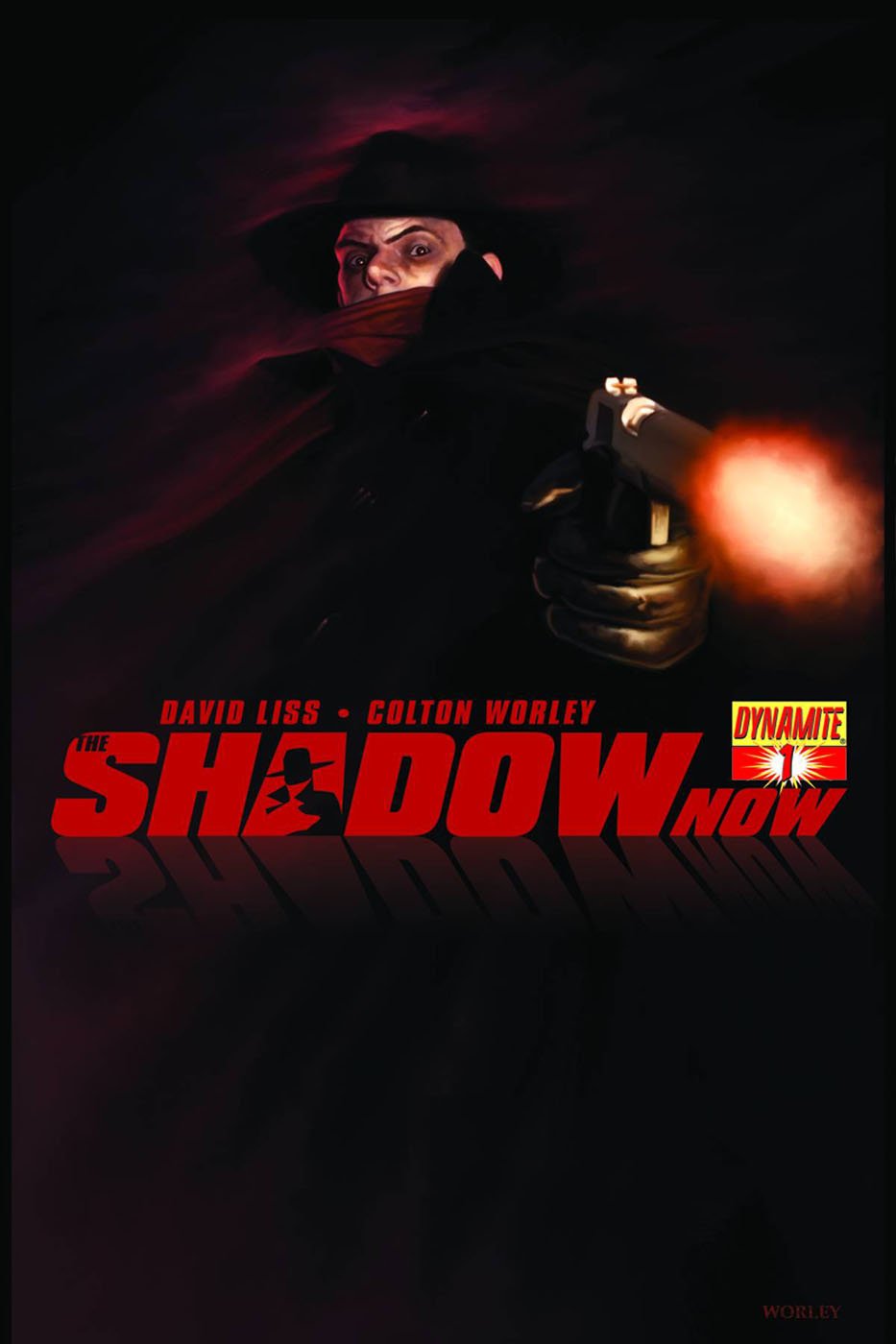 Comic cover — The Shadow: trench‑coated, wide‑brimmed figure with scarf fires a blazing pistol from deep shadow, red title below.