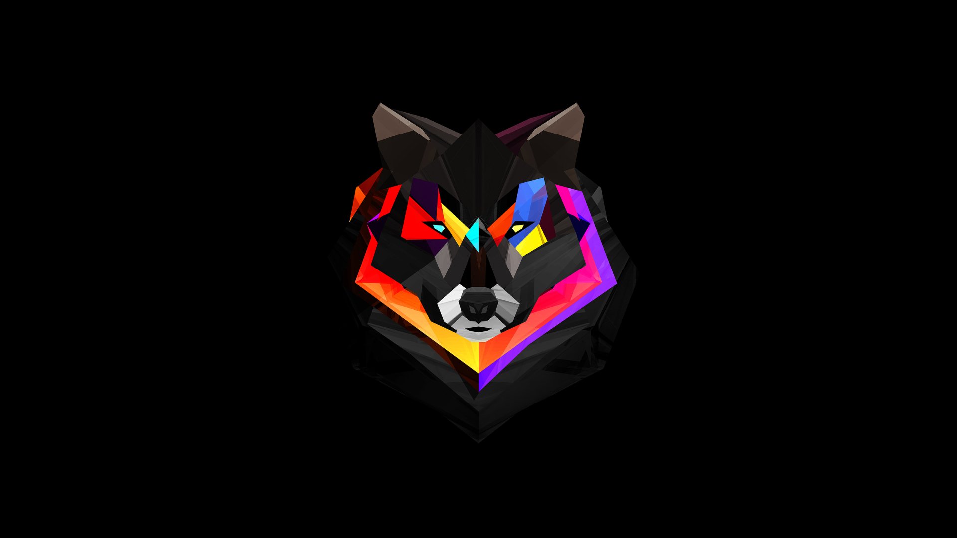 Abstract wolf head composed of colorful geometric facets set against a black background.