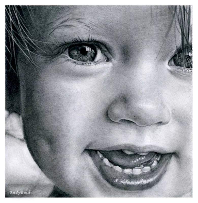 Detailed black and white drawing of a child's face, focusing on expressive eyes and a joyful smile, showcasing artistic shading and texture in the painting.