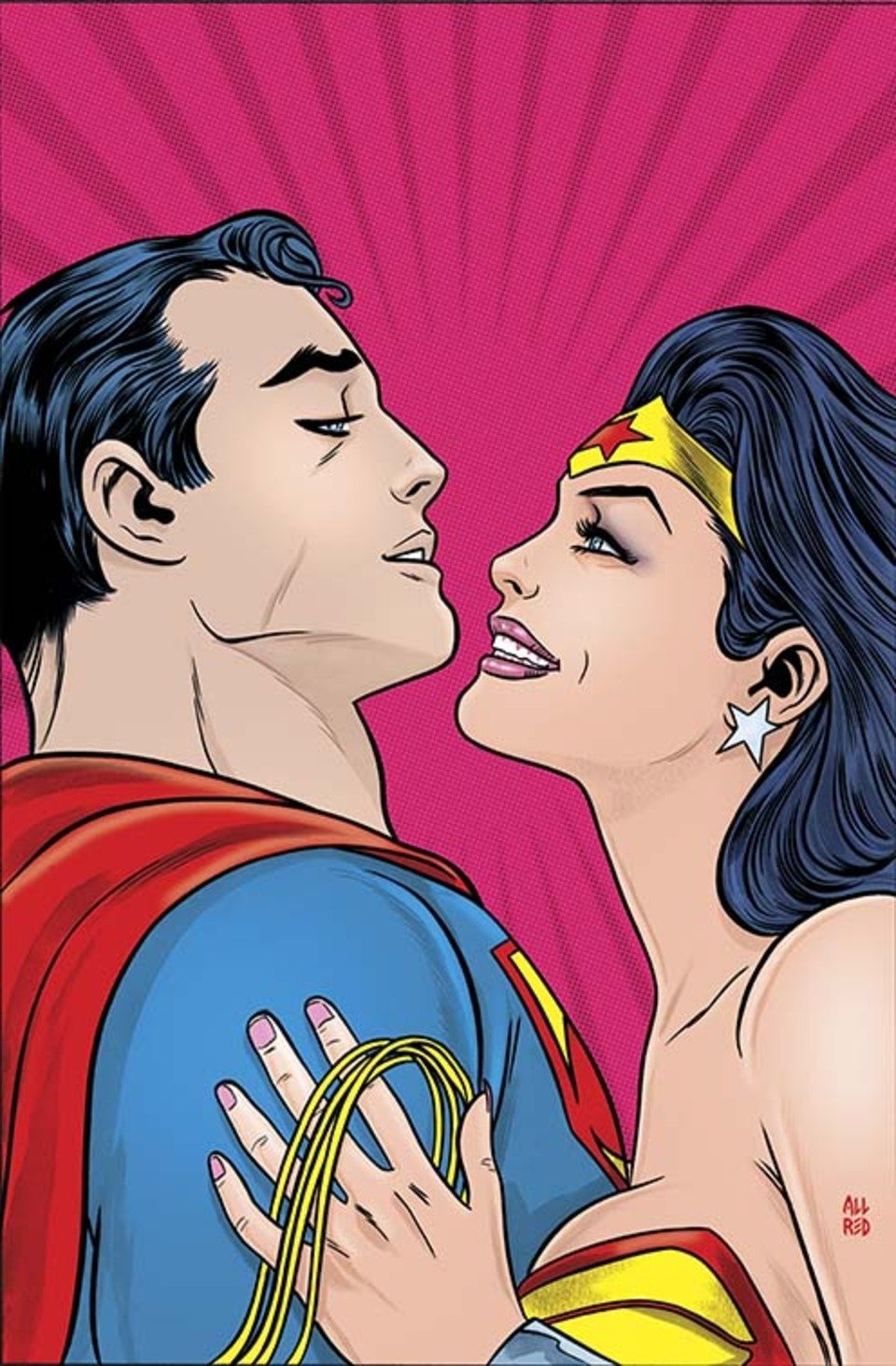 Comic-style close-up of Superman and Wonder Woman gazing into each other's eyes; Wonder Woman clasps her Lasso of Truth against Superman's chest against a pink radial background.