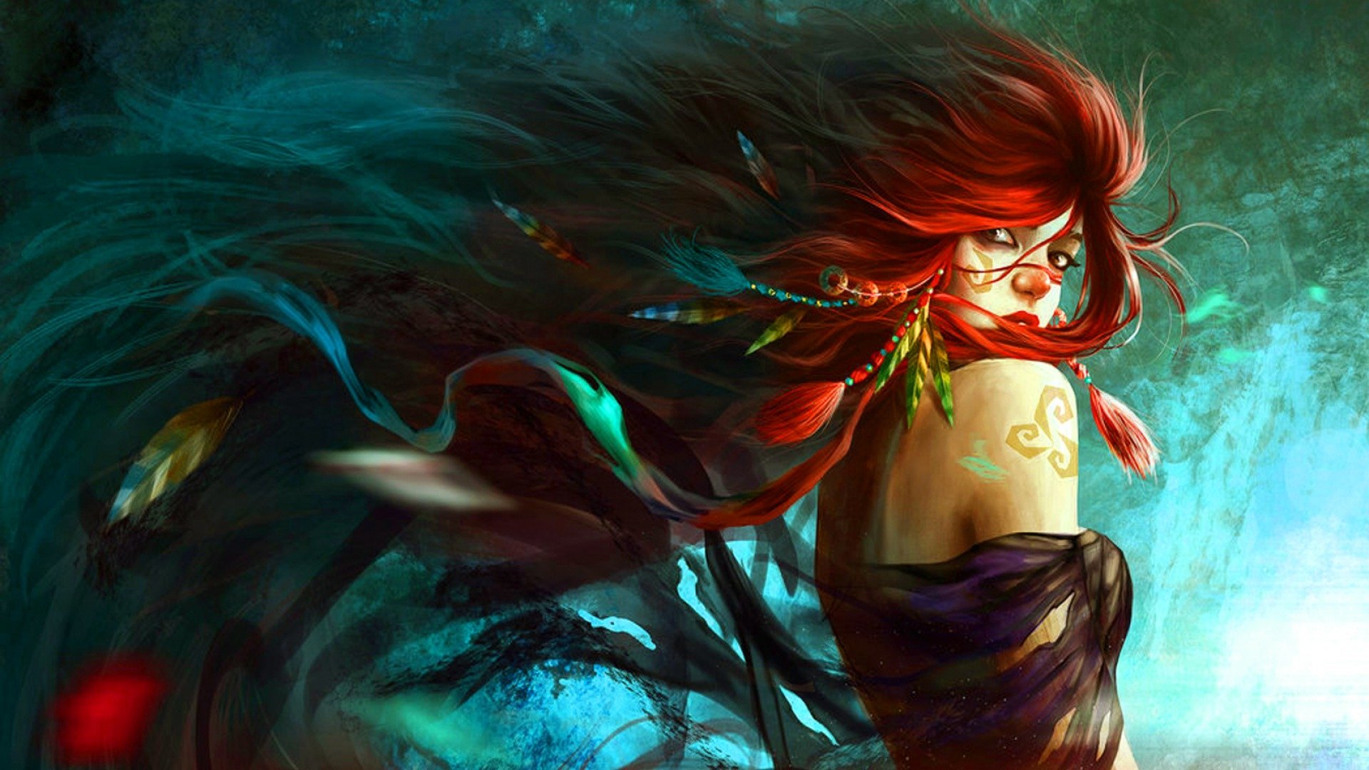 Fantasy woman with long flowing red hair, feathered adornments and face paint, glancing over her shoulder amid swirling teal light and shadow.