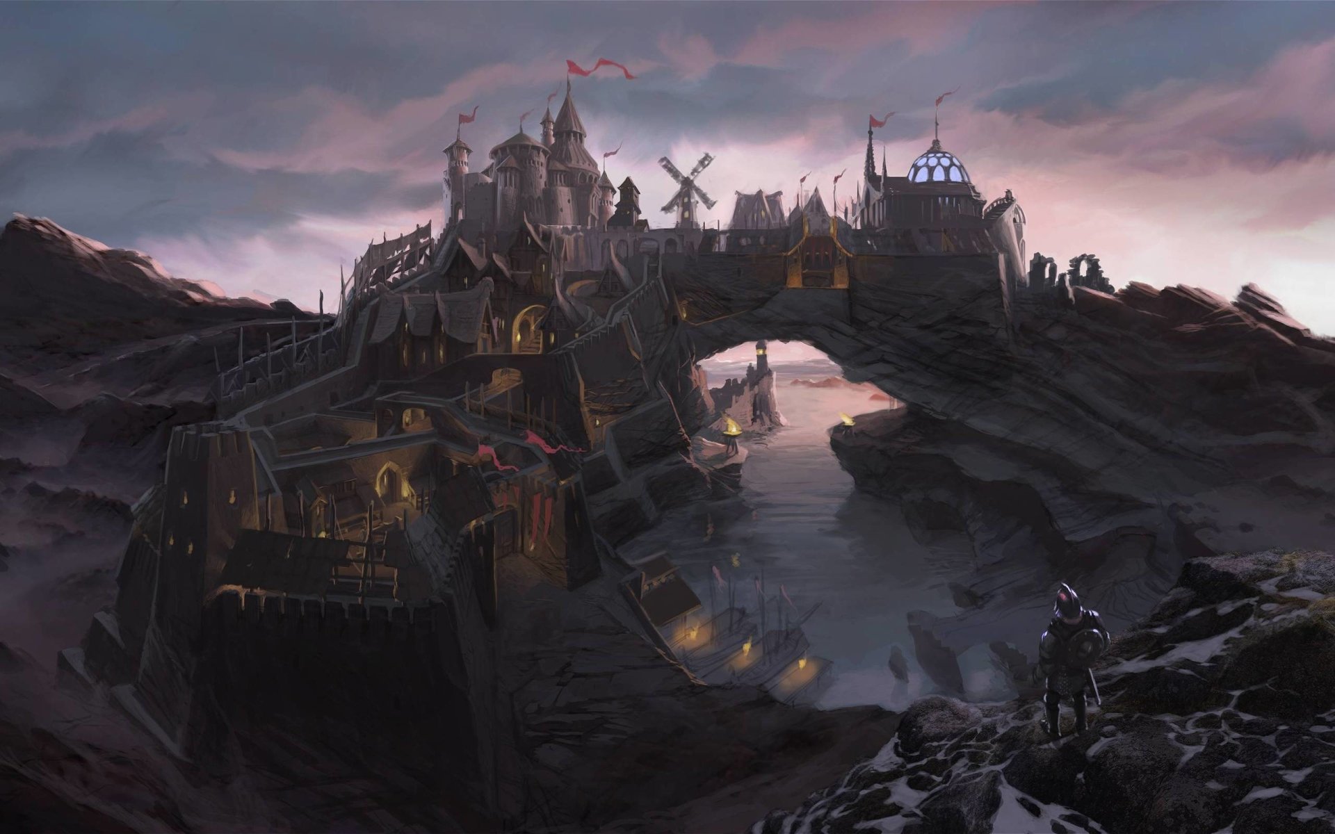 Torchlit clifftop fortress at dusk above a frozen inlet, windmills on the walls, lone armored knight on a ridge — fantasy video game scene from The Elder Scrolls V: Skyrim.
