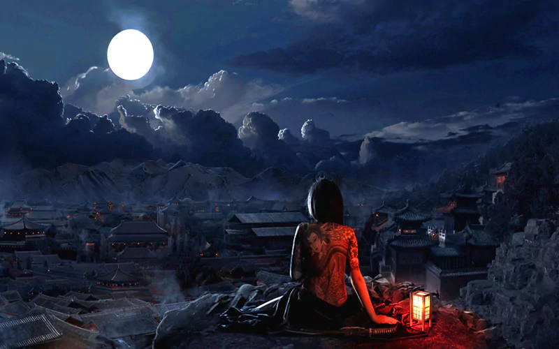 A fantasy scene of a person with a glowing tattoo sitting under a full moon, overlooking a dark, cloudy village while holding a lantern.