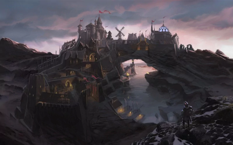 Torchlit clifftop fortress at dusk above a frozen inlet, windmills on the walls, lone armored knight on a ridge — fantasy video game scene from The Elder Scrolls V: Skyrim.