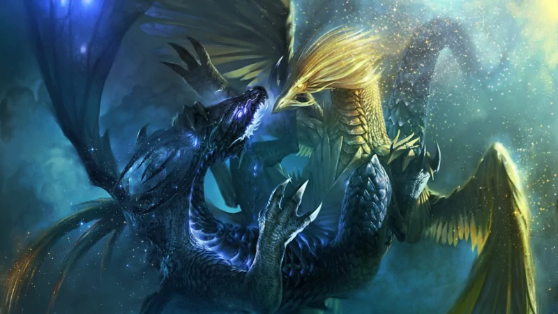 Epic fantasy battle from the video game Might & Magic Heroes VI: a dark blue ice dragon and a golden phoenix-like dragon locked in fierce midair combat.