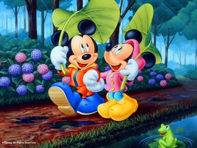 Mickey Mouse and Minnie Mouse share a joyful moment in a vibrant forest, each holding large green leaves as umbrellas, surrounded by colorful flowers and a little frog by the water.