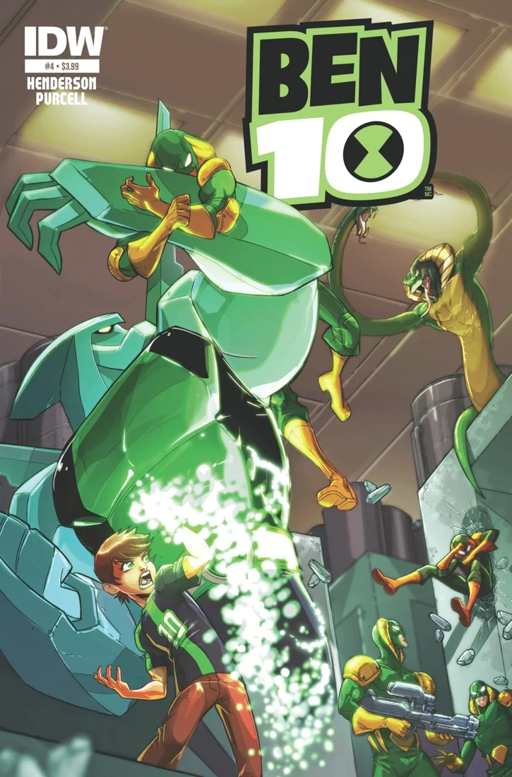 Ben 10 comic cover: Ben activates the Omnitrix as a giant green mech and armored alien troopers clash in an industrial chamber, an energy blast lighting the scene.