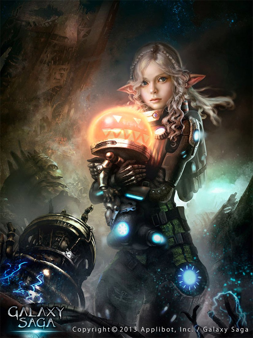 Galaxy Saga video game art: an elf-like astronaut in glowing cyber-armor cradles a radiant orb amid alien ruins, machines and crackling blue energy.
