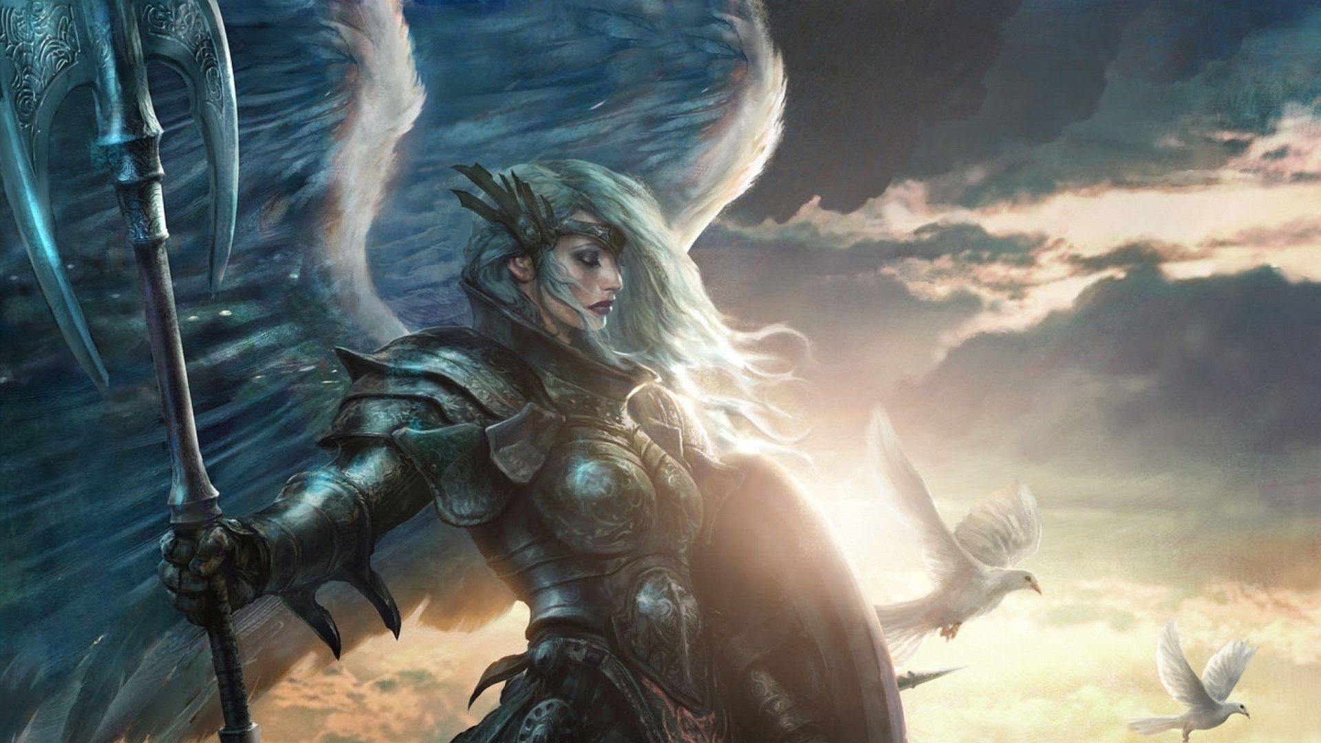 A fantasy angel warrior clad in armor with large wings, holding a spear and shield, stands against a dramatic sky with birds flying nearby.