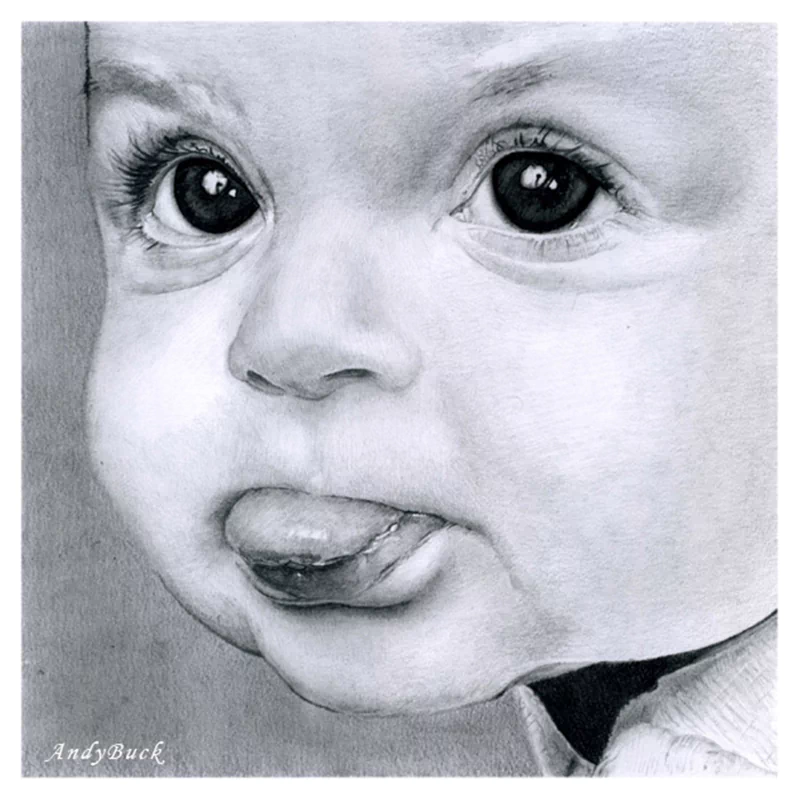 A detailed drawing of a baby showcasing expressive eyes and a subtle smile, highlighting the innocence and charm of childhood through artistic techniques.