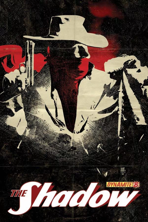 Comic cover of The Shadow — noir silhouette in a wide‑brim hat and trench coat, aiming a pistol amid red and black textured background; bold The Shadow title.