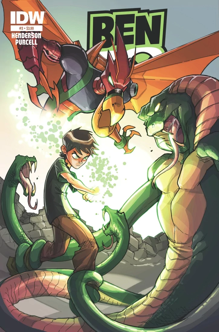Ben 10 comic cover: Ben glows with the Omnitrix, confronting a giant multi‑headed serpent as a winged alien swoops in from above.