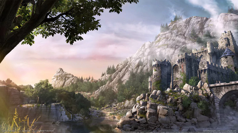Artwork from the video game Arcania: Gothic 4 — sunlit medieval castle and arched stone bridge on rocky riverbanks beneath towering mountains and a pastel sky.