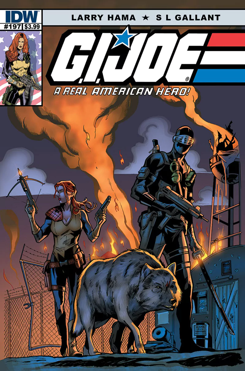 Comic cover — G.I. Joe: A Real American Hero: armed masked trooper, female operative and a large wolf stand amid burning wreckage and a bent chain-link fence.