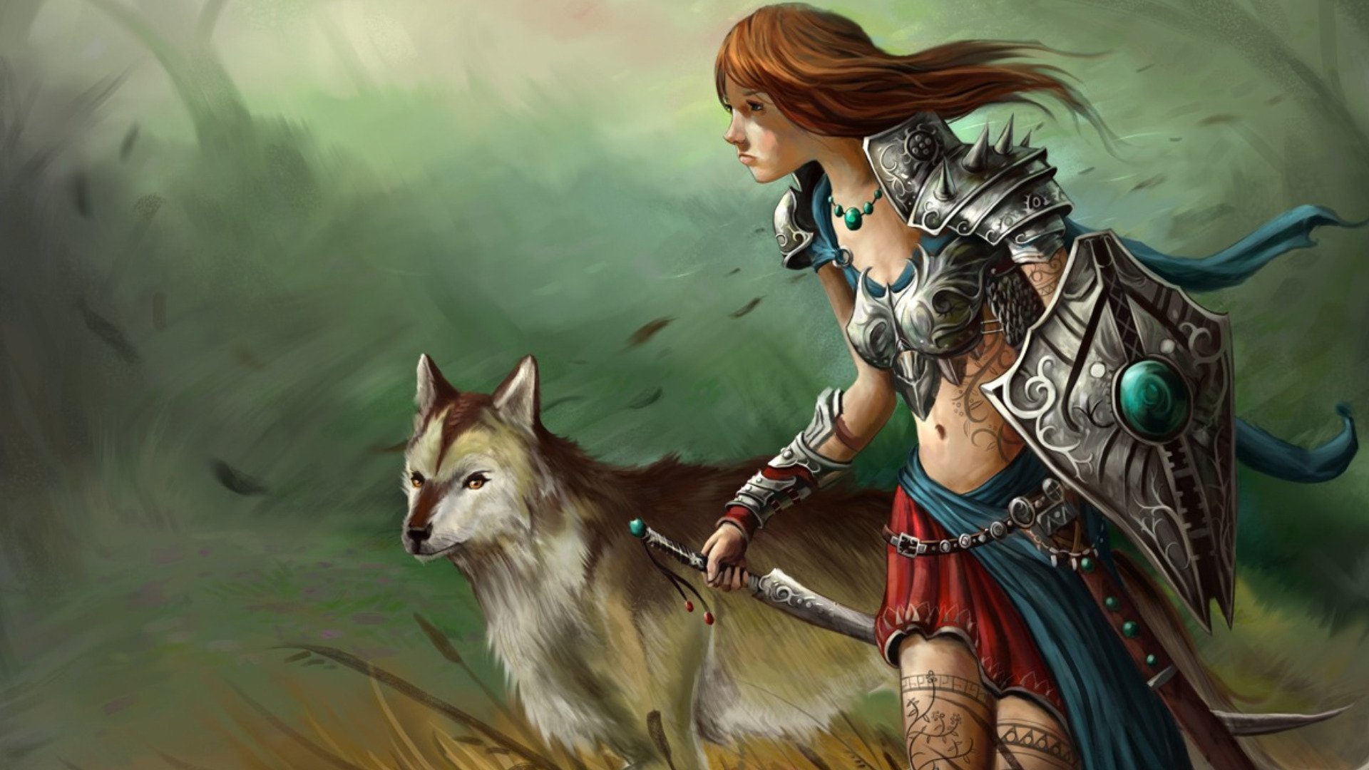 A fierce woman warrior in intricately designed armor stands confidently beside a wolf, set against a mystical, foggy forest background. Their bond radiates strength and bravery.