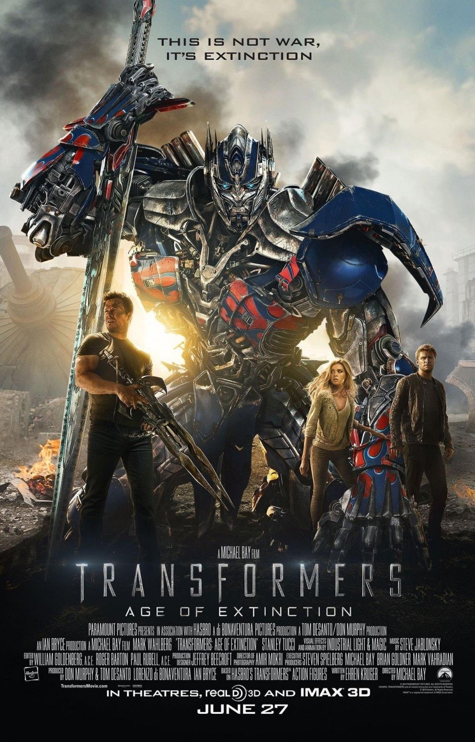 Poster of the movie Transformers: Age of Extinction featuring a large robot and three human characters with the tagline This is not war, it's extinction.