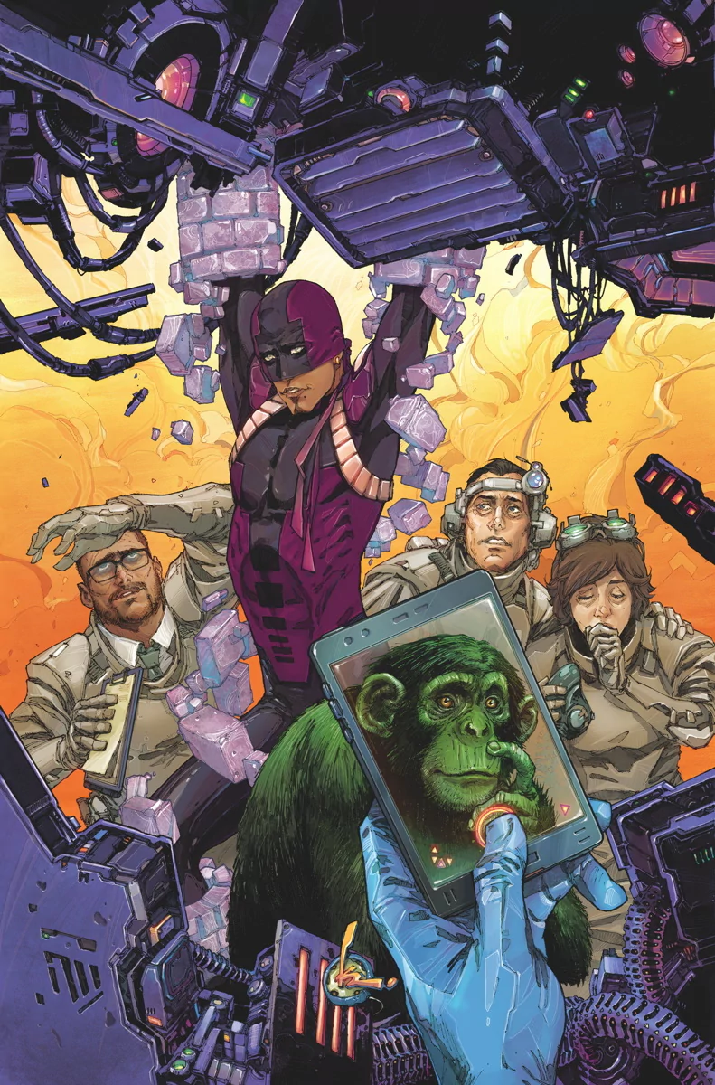 Beast Boy and Bunker from DC Comics' Teen Titans appear in a chaotic scene, with characters in distress and a smartphone displaying a monkey in the foreground.