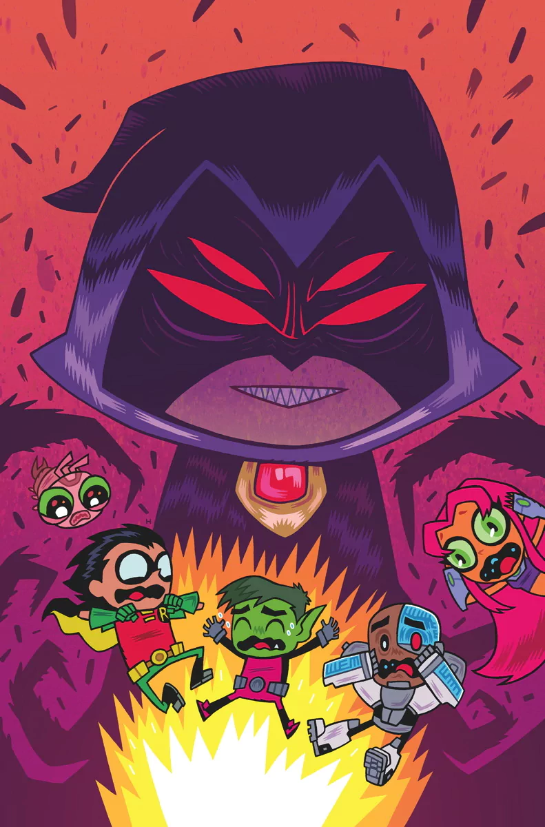 A colorful comic scene featuring Raven menacingly looming over Robin, Beast Boy, Cyborg, and Starfire from Teen Titans Go!, who react with exaggerated expressions.