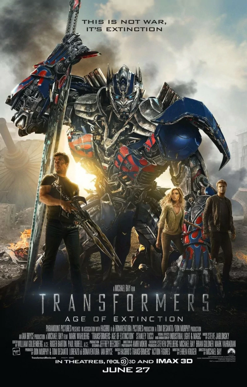 Poster of the movie Transformers: Age of Extinction featuring a large robot and three human characters with the tagline This is not war, it's extinction.