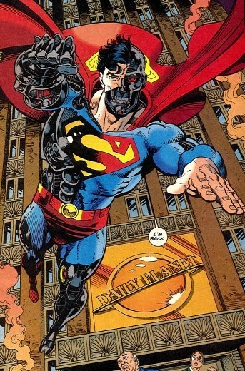 DC Comics comic showing Cyborg Superman (Superman) flying past the Daily Planet globe, half-cyborg face, red cape and prominent S-shield in classic comic art style.