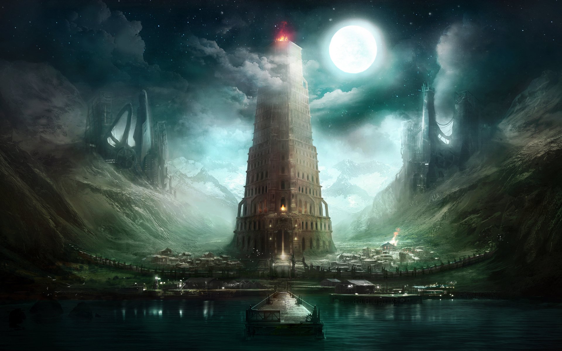 A towering fantasy building illuminated under a full moon, surrounded by misty mountains and a calm body of water with a small boat approaching the structure.