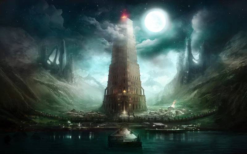 A towering fantasy building illuminated under a full moon, surrounded by misty mountains and a calm body of water with a small boat approaching the structure.