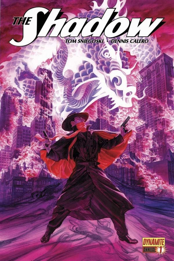 Comic cover — The Shadow: masked vigilante in wide-brimmed hat and flowing cape fires pistols amid a neon-pink city as a spectral white dragon coils above.