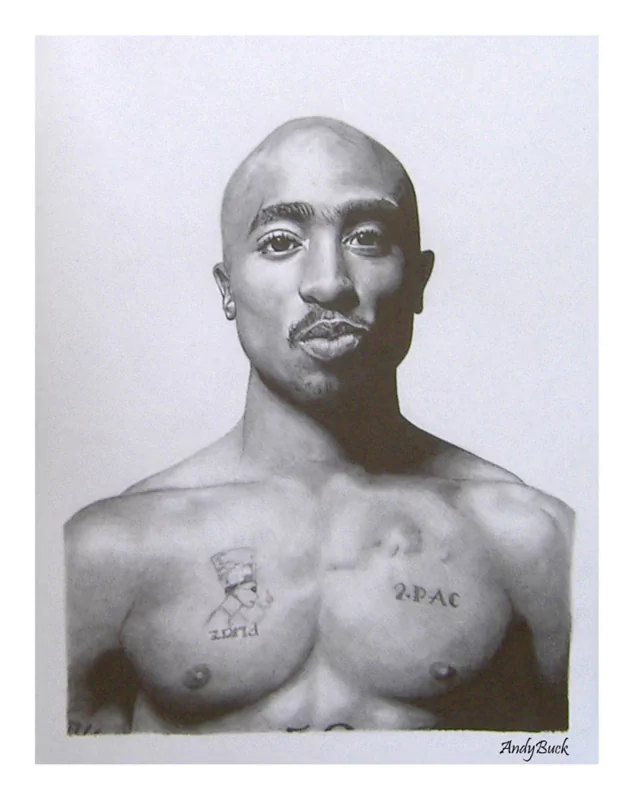A detailed black and white drawing of the rapper 2Pac, showcasing his iconic tattoos and intense expression, emphasizing his influence in music and culture.