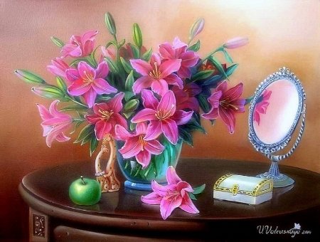 A vibrant painting of a bouquet of pink lilies arranged in a vase, accompanied by a green apple and a small mirror on a wooden table, creating an artistic floral still life.