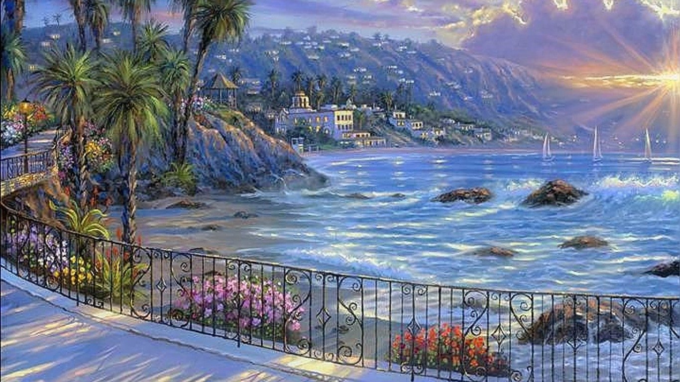 Artistic painting of a coastal scene featuring palm trees, flowers, a wrought-iron fence, and a sunlit sea with mountains in the background.