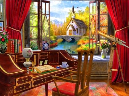 Artistic painting of a cozy study with a wooden desk and chair, featuring an open window revealing a scenic autumn landscape with a church and stone bridge.