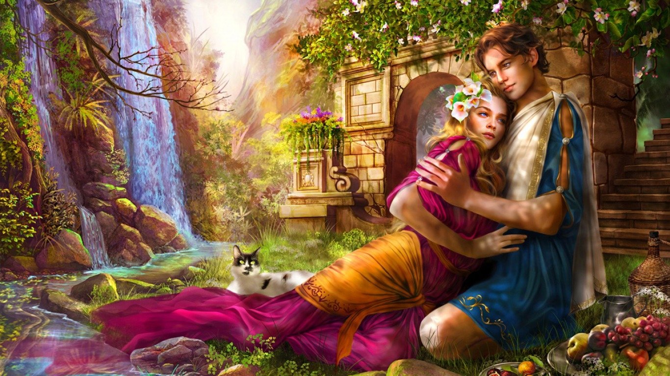 Artistic painting depicting a serene, romantic scene of a couple embracing near a waterfall, surrounded by lush greenery, flowers, and a small cat nearby.