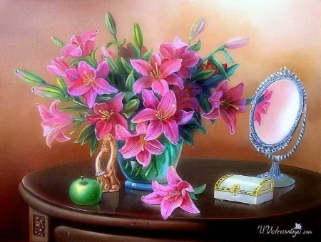 A vibrant painting of a bouquet of pink lilies arranged in a vase, accompanied by a green apple and a small mirror on a wooden table, creating an artistic floral still life.