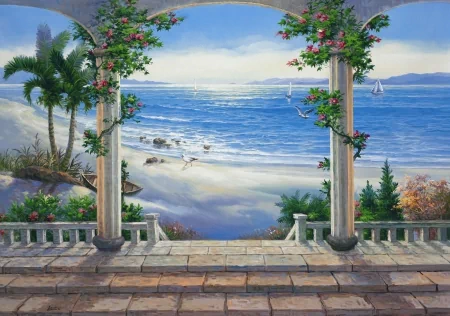 Artistic painting of a serene seaside view framed by a stone terrace with columns entwined by flowering vines, palm trees, and sailboats on calm waters.