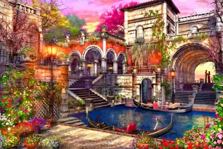 Artistic painting of a vibrant, romantic canal scene with gondolas, ornate bridges, lush gardens, and colorful buildings under a glowing sunset sky.